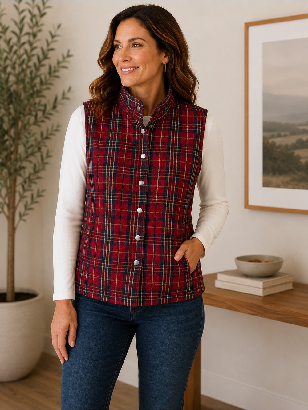 Baxter & Wells Quilted Plaid Snap-Front Vest – Women’s XL